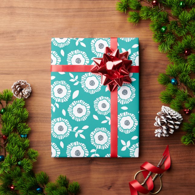 Papel De Presente Padrão floral branco em fundo turquesa (Presente de Natal)