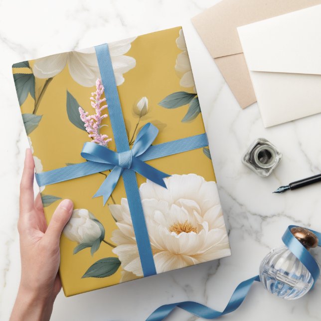 Papel De Presente Padrão Floral Branco Flor Amarela Macia Moderna (Presentear)