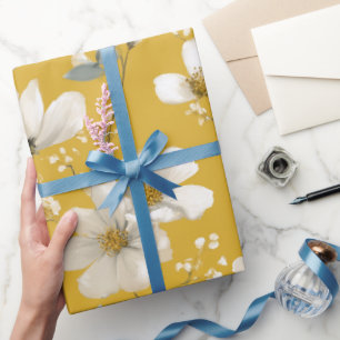 Papel De Presente Padrão Floral Branco Flor Amarela Macia Moderna