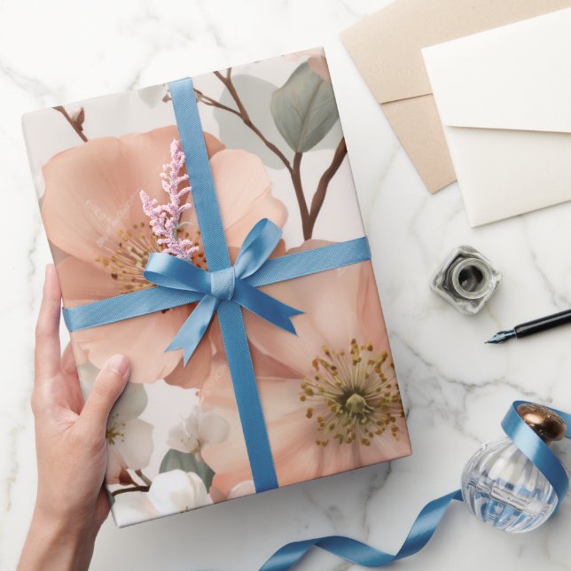 Papel De Presente Padrão Floral Branco Flor de Pêssego Macio Românti (Presentear)