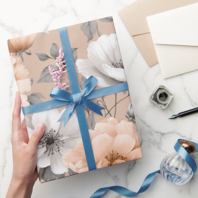 Papel De Presente Padrão Floral Branco Flor de Pêssego Macio Românti (Presentear)