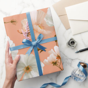 Papel De Presente Padrão Floral Branco Flor de Pêssego Macio Românti