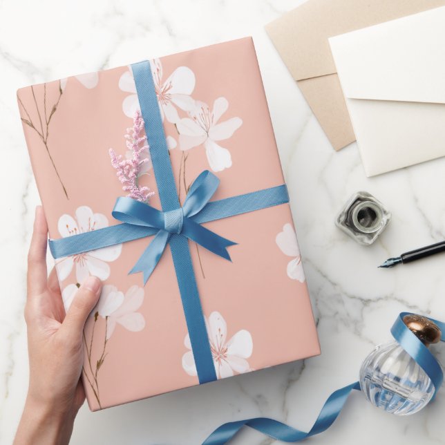 Papel De Presente Padrão Floral Branco Flor Minima Rosa Pálido (Presentear)