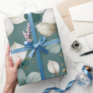 Papel De Presente Padrão Floral Branco Folha Esmeralda Elegante