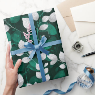 Papel De Presente Padrão Floral Branco Folha Esmeralda Elegante