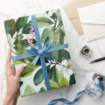 Padrão Floral Branco Folha Verde Aquarela