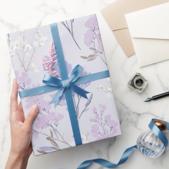 Papel De Presente Padrão Floral Branco Lavanda Roxa Suave (Presentear)