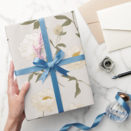 Papel De Presente Padrão Floral Branco Peônia Creme Minimalista