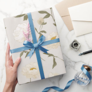 Papel De Presente Padrão Floral Branco Peônia Creme Minimalista