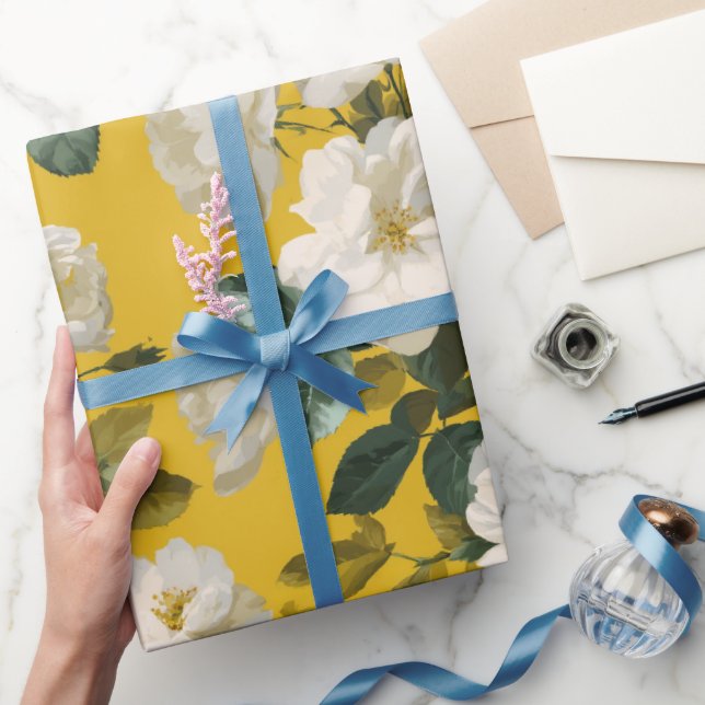 Papel De Presente Padrão Floral Branco Rosa Amarela Clássica (Presentear)