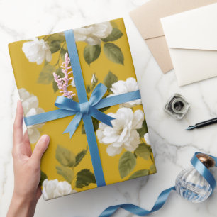 Papel De Presente Padrão Floral Branco Rosa Amarela Clássica