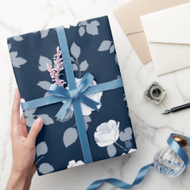 Papel De Presente Padrão Floral Branco Rosa Azul Marinho Elegante