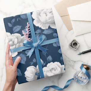 Papel De Presente Padrão Floral Branco Rosa Azul Marinho Elegante