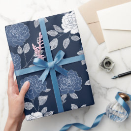 Papel De Presente Padrão Floral Branco Rosa Azul Marinho Elegante