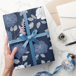 Papel De Presente Padrão Floral Branco Rosa Azul Marinho Elegante
