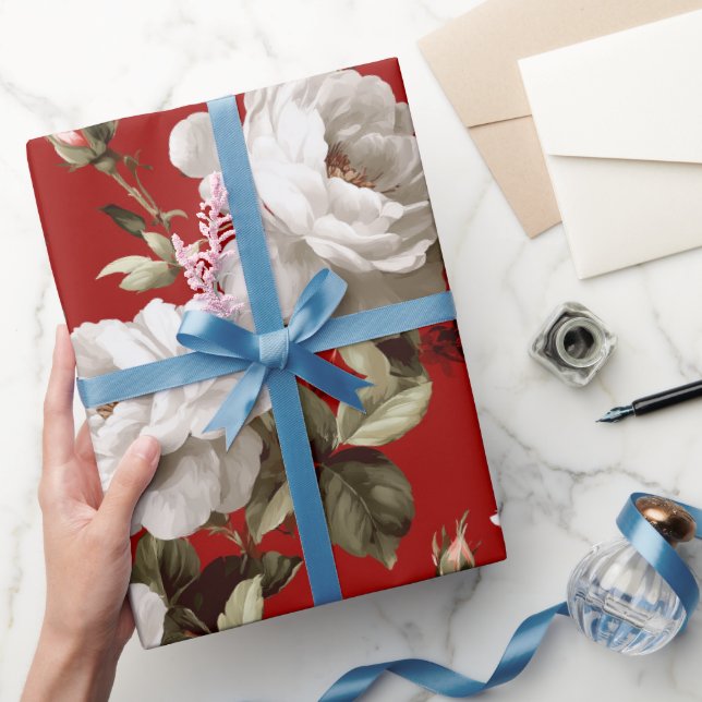 Papel De Presente Padrão Floral Branco Rosa Vermelha Clássica (Presentear)