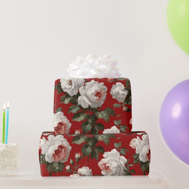 Papel De Presente Padrão Floral Branco Rosa Vermelha Clássico (Presentes para festas)