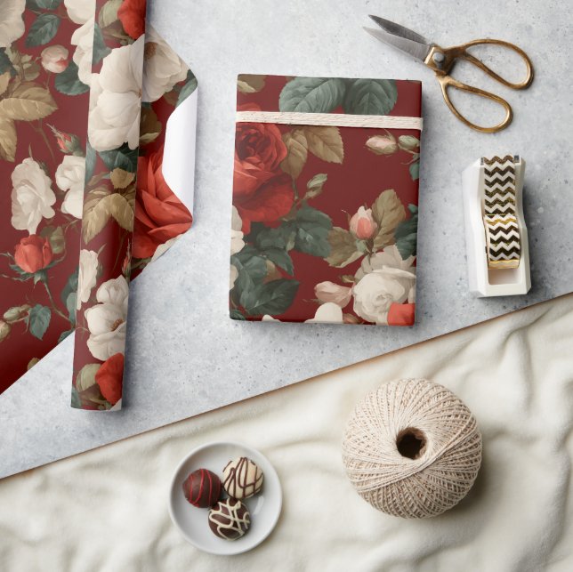 Papel De Presente Padrão Floral Branco Rosa Vermelha Clássico (Artesanato)