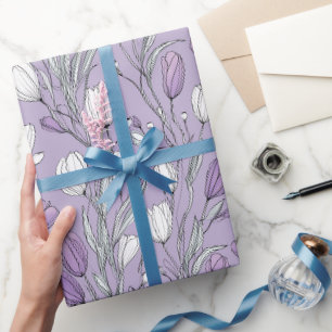 Papel De Presente Padrão Floral Branco Tulipa Lavanda Moderna