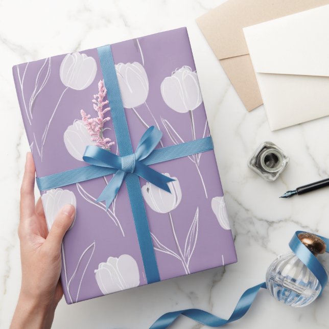 Papel De Presente Padrão Floral Branco Tulipa Lavanda Moderna (Presentear)