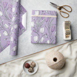Papel De Presente Padrão Floral Branco Tulipa Lavanda Moderna