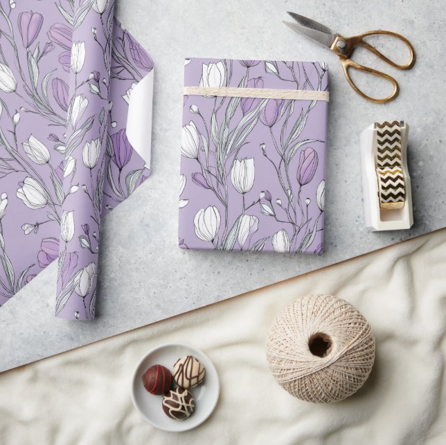 Papel De Presente Padrão Floral Branco Tulipa Lavanda Moderna (Artesanato)