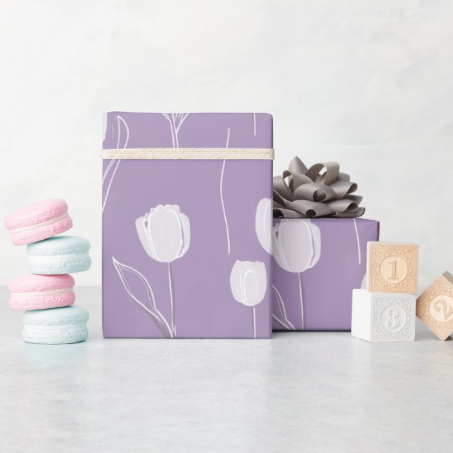 Papel De Presente Padrão Floral Branco Tulipa Lavanda Moderna (Chá de bebê)