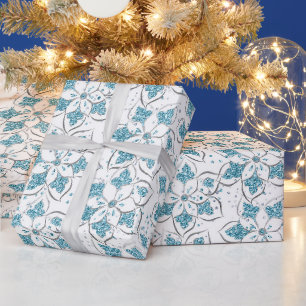Papel De Presente Padrão Floral Brilhante em Branco e Índigo