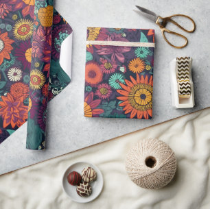 Papel De Presente Padrão Floral, Buquê de Flores Coloridas