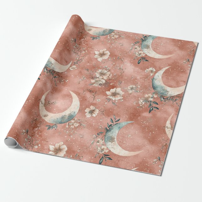 Papel De Presente Padrão Floral Celestial Terracota Suave (Desenrolado)