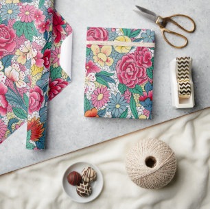 Papel De Presente Padrão Floral Chinês Colorido