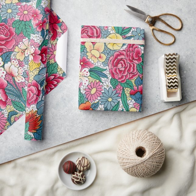 Papel De Presente Padrão Floral Chinês Colorido (Artesanato)
