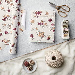 Papel De Presente Padrão Floral Cinza Dourada Maroon Ditsy