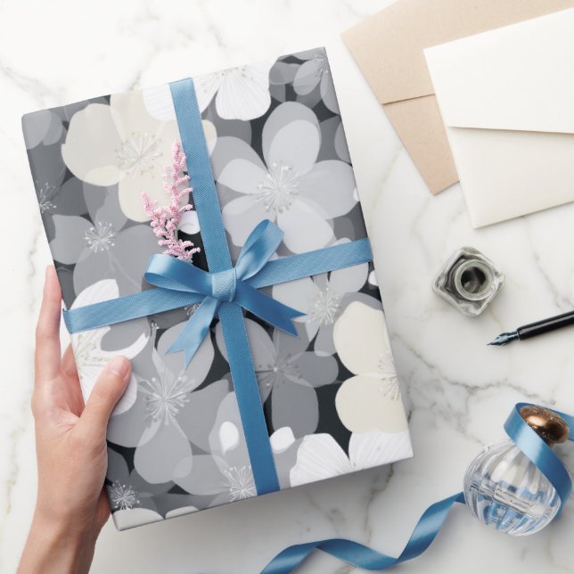 Papel De Presente Padrão Floral Cinza Flor Neutro Chic (Presentear)