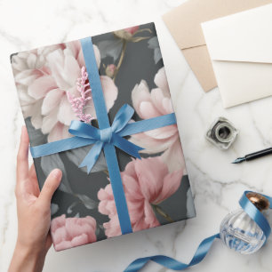 Papel De Presente Padrão Floral Cinza Rosa Poente Romântico