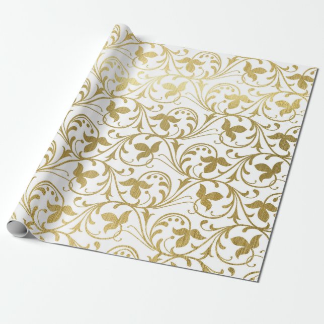 Papel De Presente Padrão Floral Clássico Dourado Damask Embrulho de  (Desenrolado)