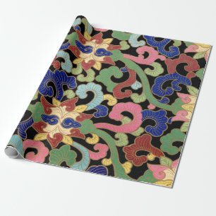 Papel De Presente Padrão Floral Colorido de Chinoiserie sobre Preto