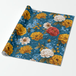 Papel De Presente Padrão Floral Colorido Rustic Vintage em Azul