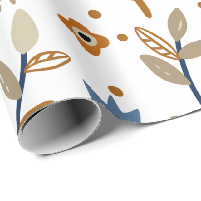 Papel De Presente Padrão floral com flores azuis e laranja (Ponta do rolo)