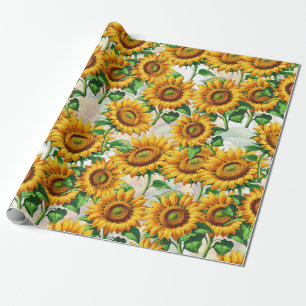 Papel De Presente Padrão Floral Cottagecore Girassol Branco