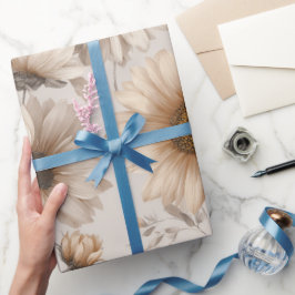 Papel De Presente Padrão Floral Creme de Girassol Neutro Suave