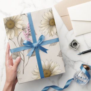 Papel De Presente Padrão Floral Creme de Girassol Neutro Suave