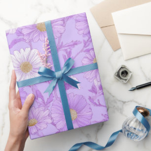 Papel De Presente Padrão Floral Creme de Margarida Lilás Delicado