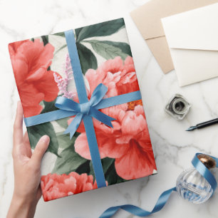 Papel De Presente Padrão Floral Creme Peônia Coral Aquarela