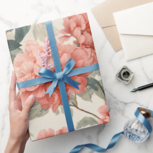 Papel De Presente Padrão Floral Creme Peônia Coral Aquarela