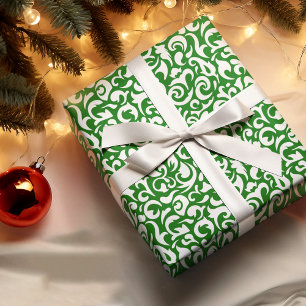Papel De Presente Padrão Floral Damask Branco Fofo Verde Escuro