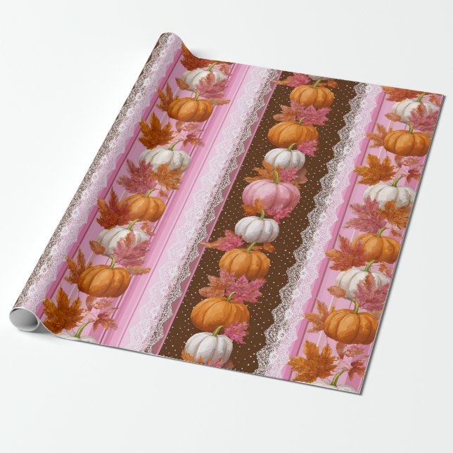 Papel De Presente Padrão Floral de Abóbora Laranja Rosa de Outono (Desenrolado)