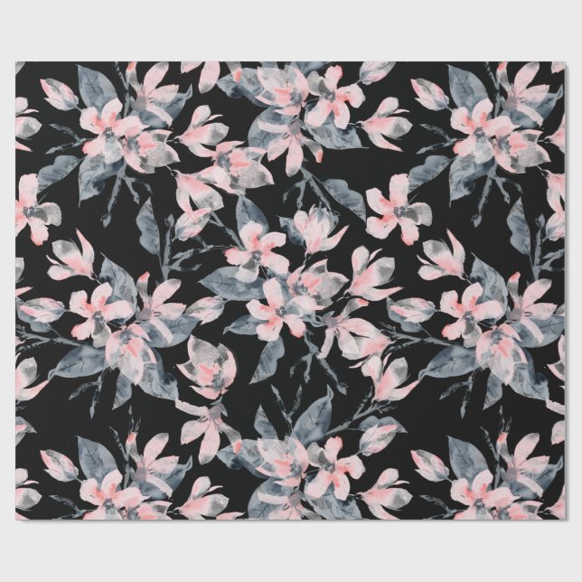 Papel De Presente Padrão Floral de Aquarela Rosa e Cinza (Aberto)