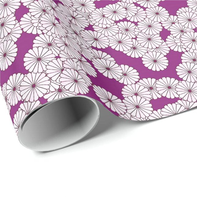 Papel De Presente Padrão floral de Art Deco - branco sobre roxo (Ponta do rolo)