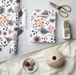 Papel De Presente Padrão Floral de Chickadee Rosa Azul